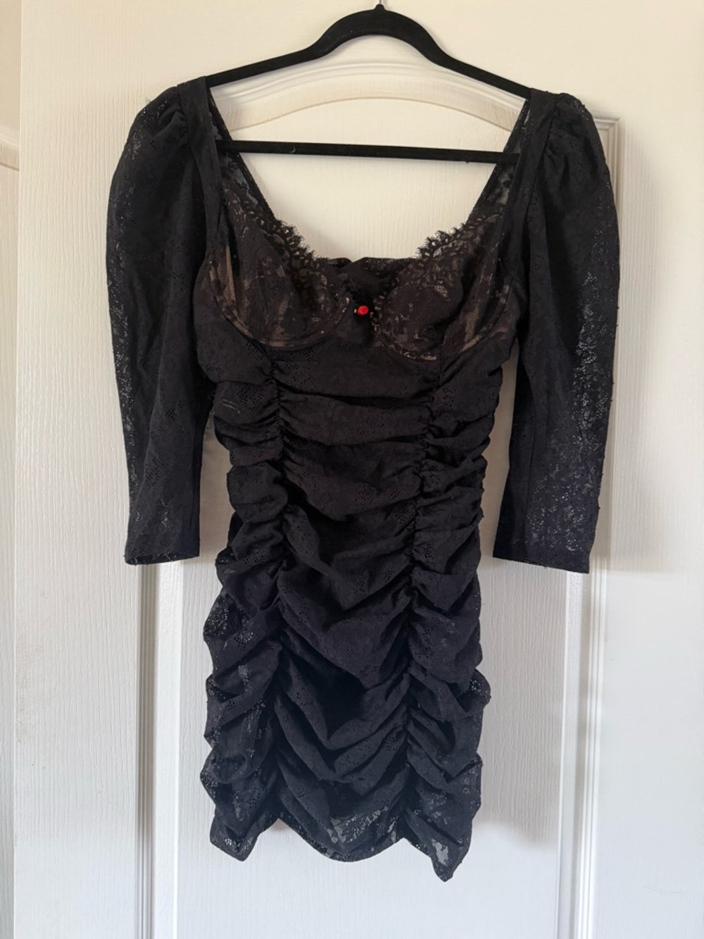 For Love and Lemons Black Ruched Lace Mini Dress